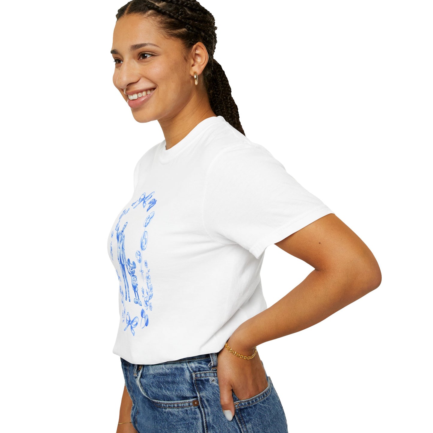 Blue Whimsical Statue Floral T-Shirt
