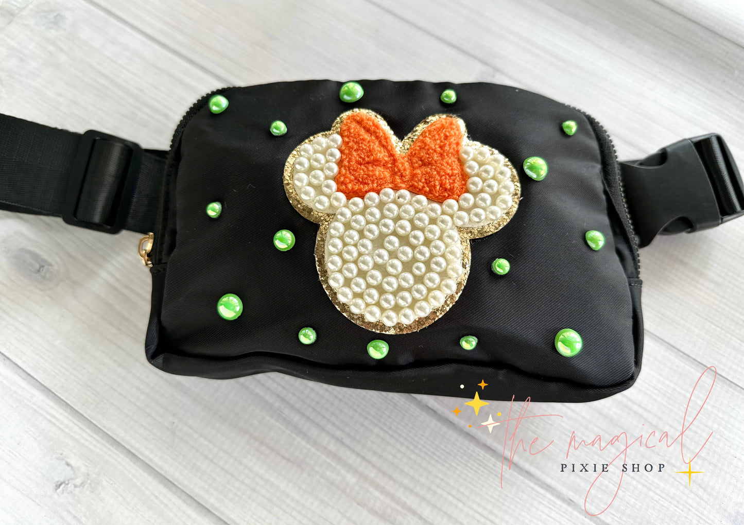 Black Bag with Orange Minnie Patch Green Pearls