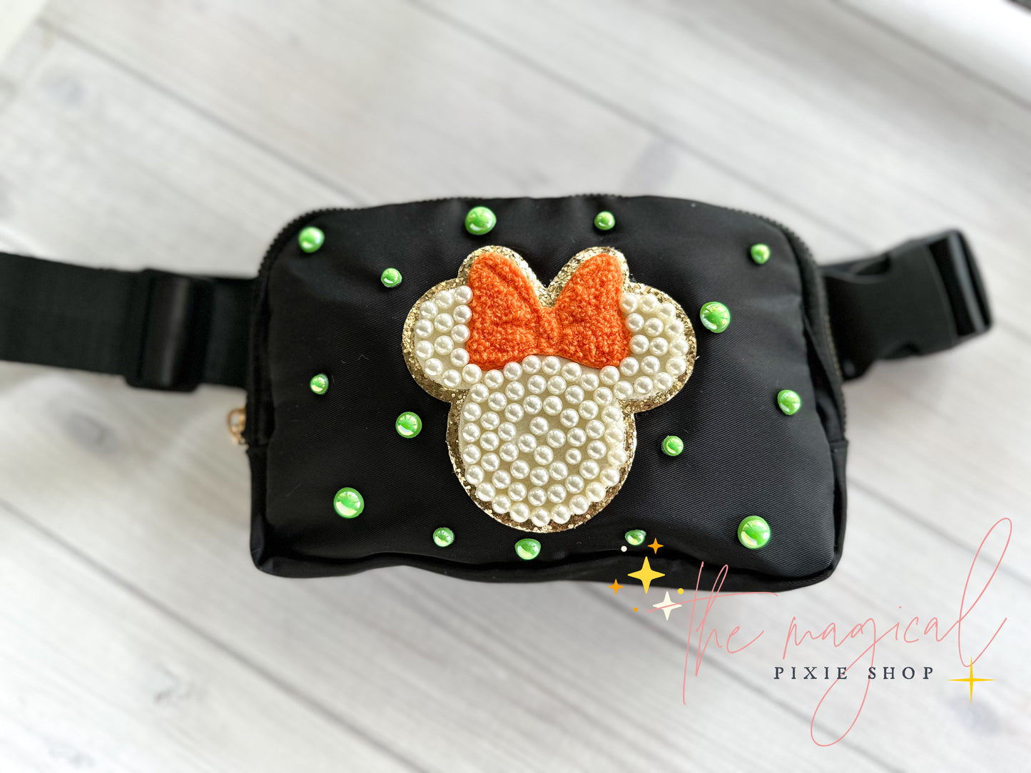 Black Bag with Orange Minnie Patch Green Pearls