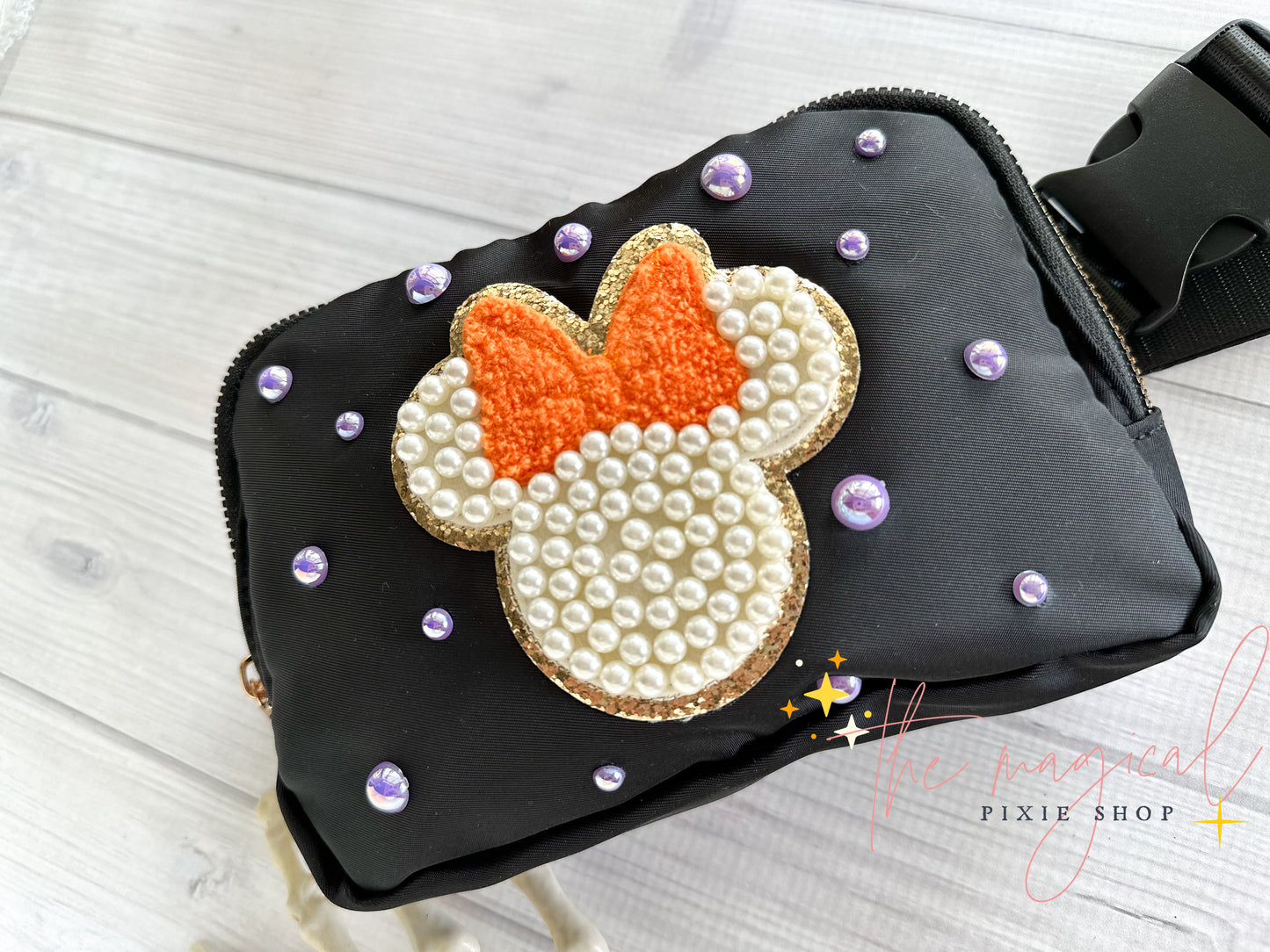Black Bag with Orange Minnie Patch Purple Pearls