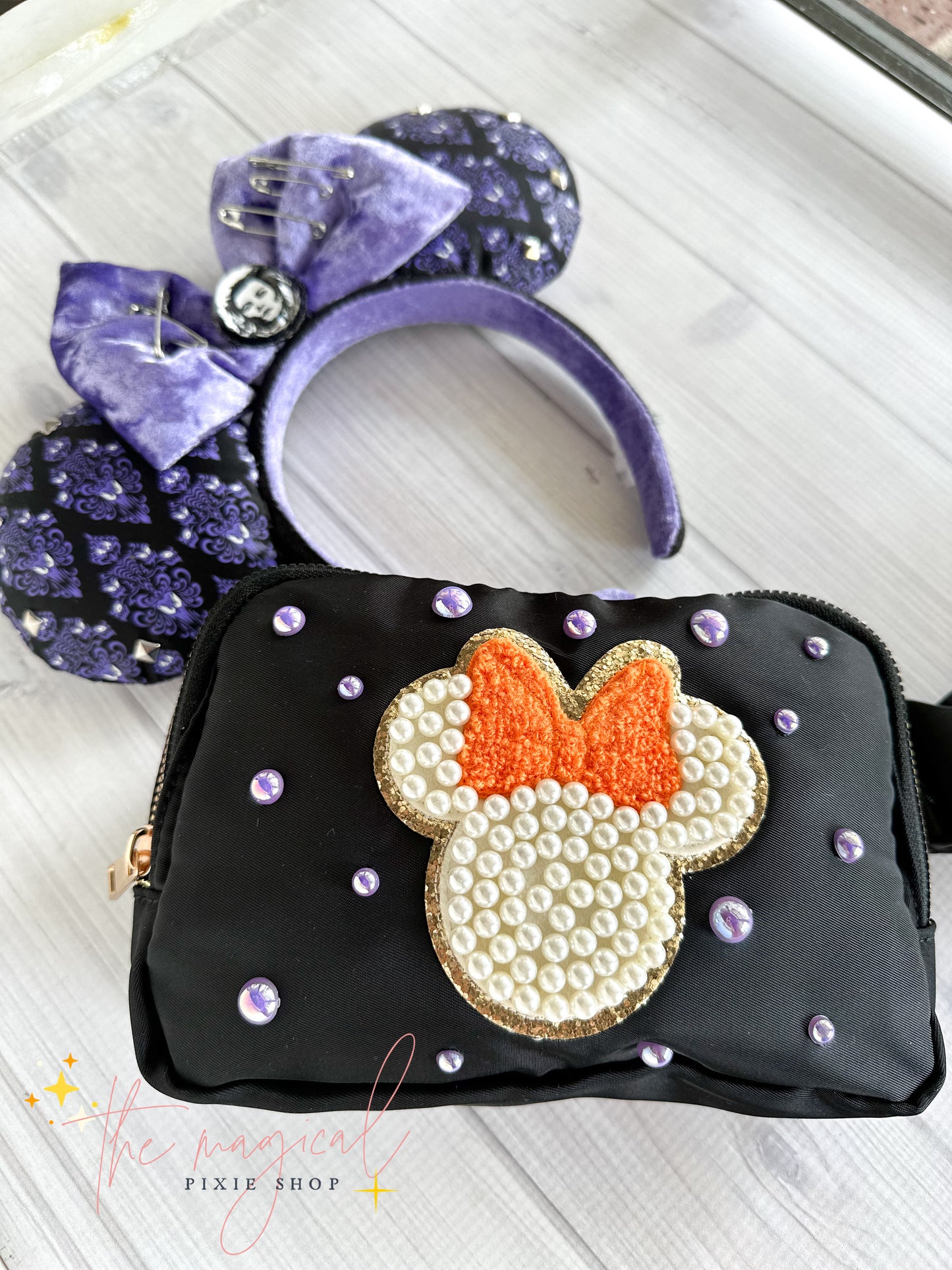 Black Bag with Orange Minnie Patch Purple Pearls