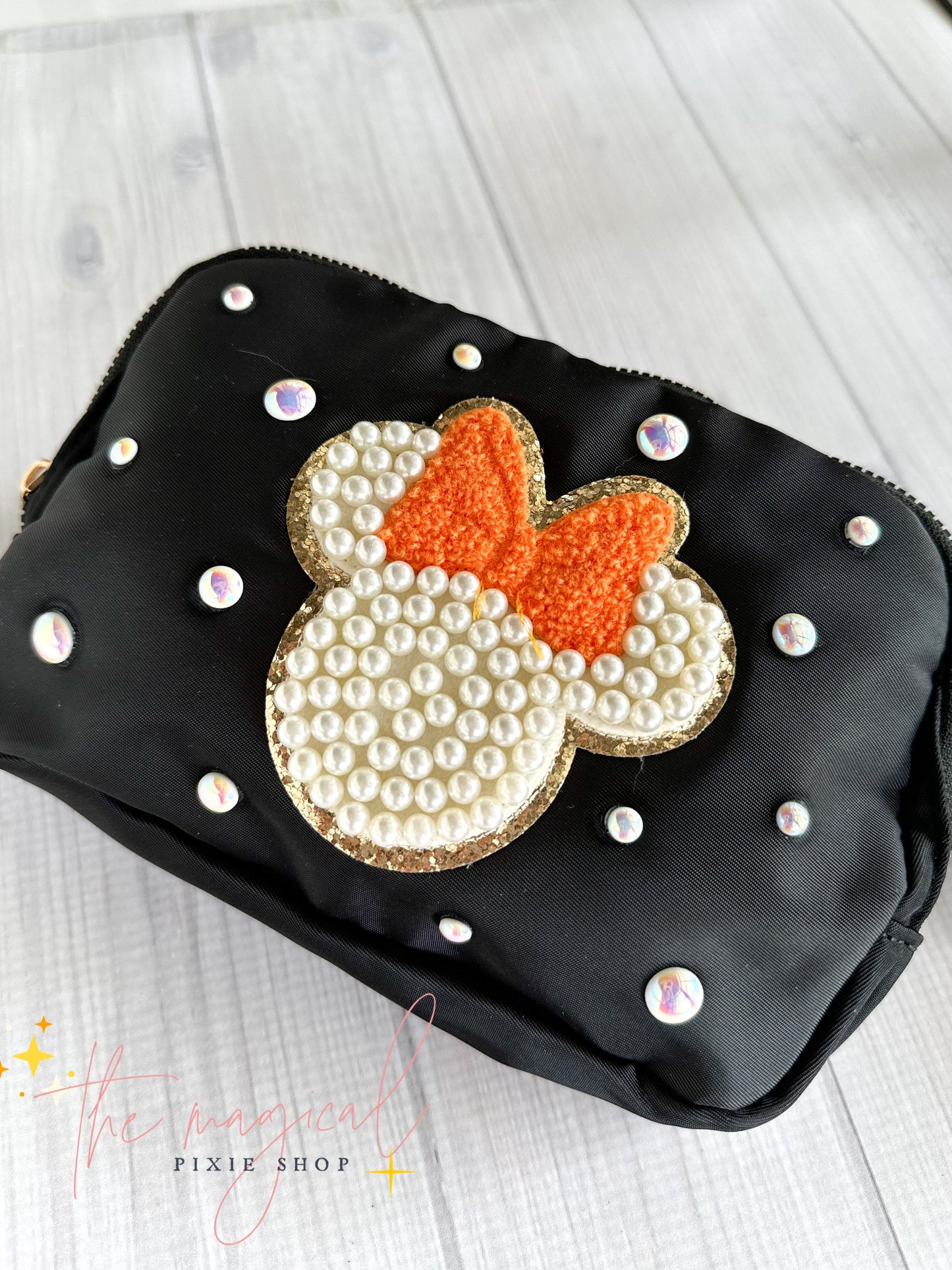 Black Bag with Orange Minnie Patch Irdidescent Pearls