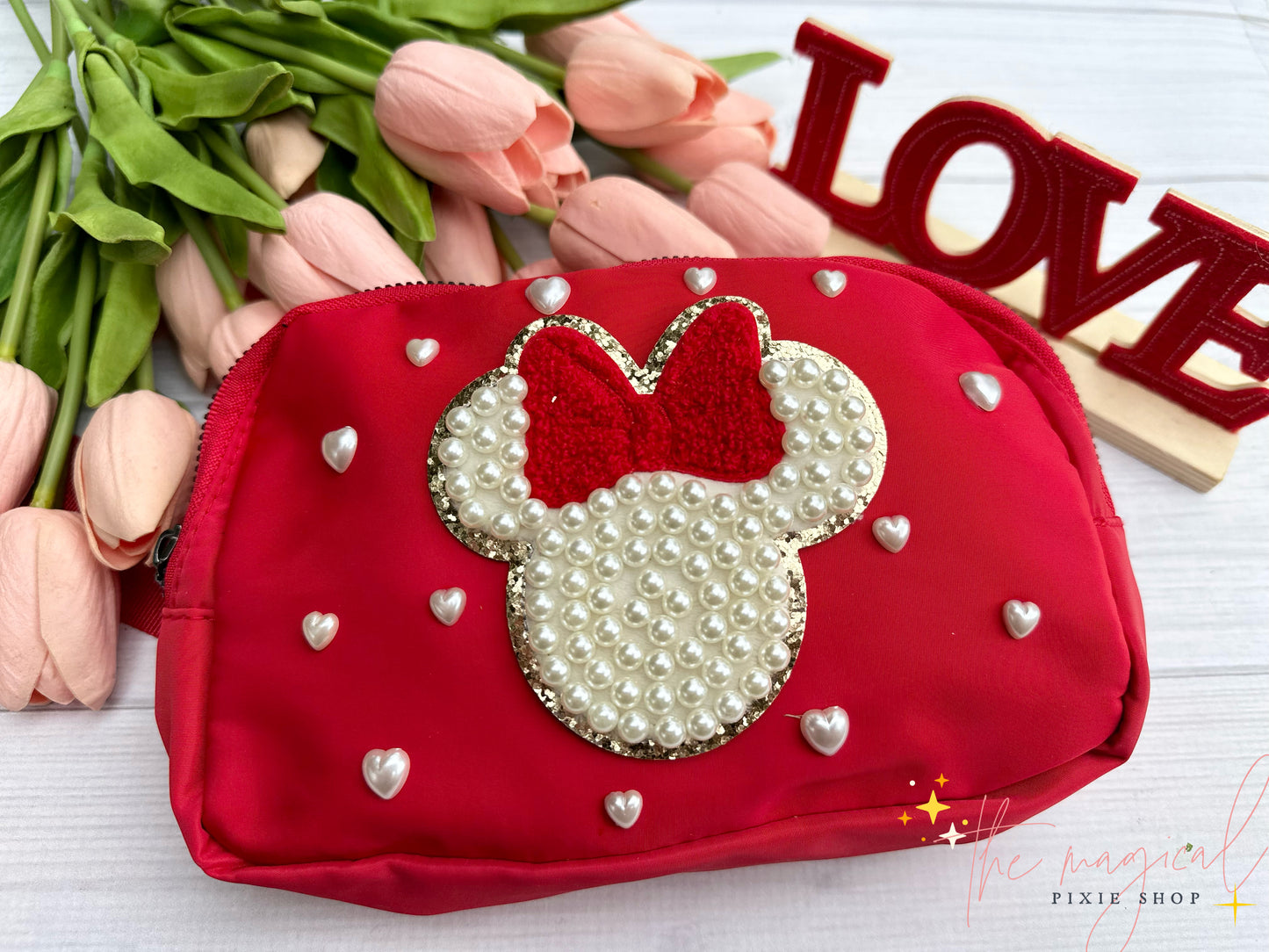 Red Bag with Red Bow Mouse Patch and HEART pearls