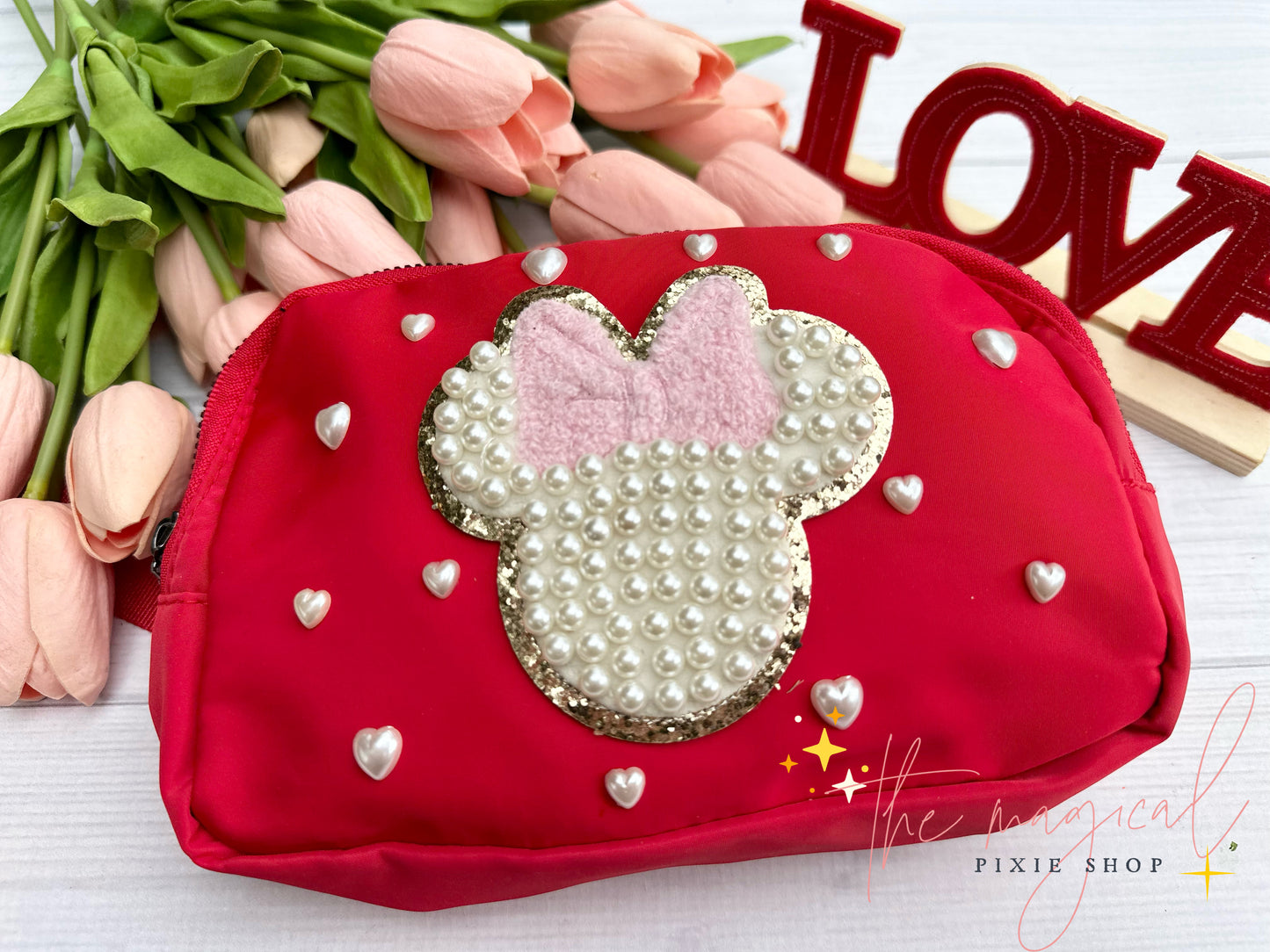Red Bag with Pink Bow Mouse Patch and HEART pearls