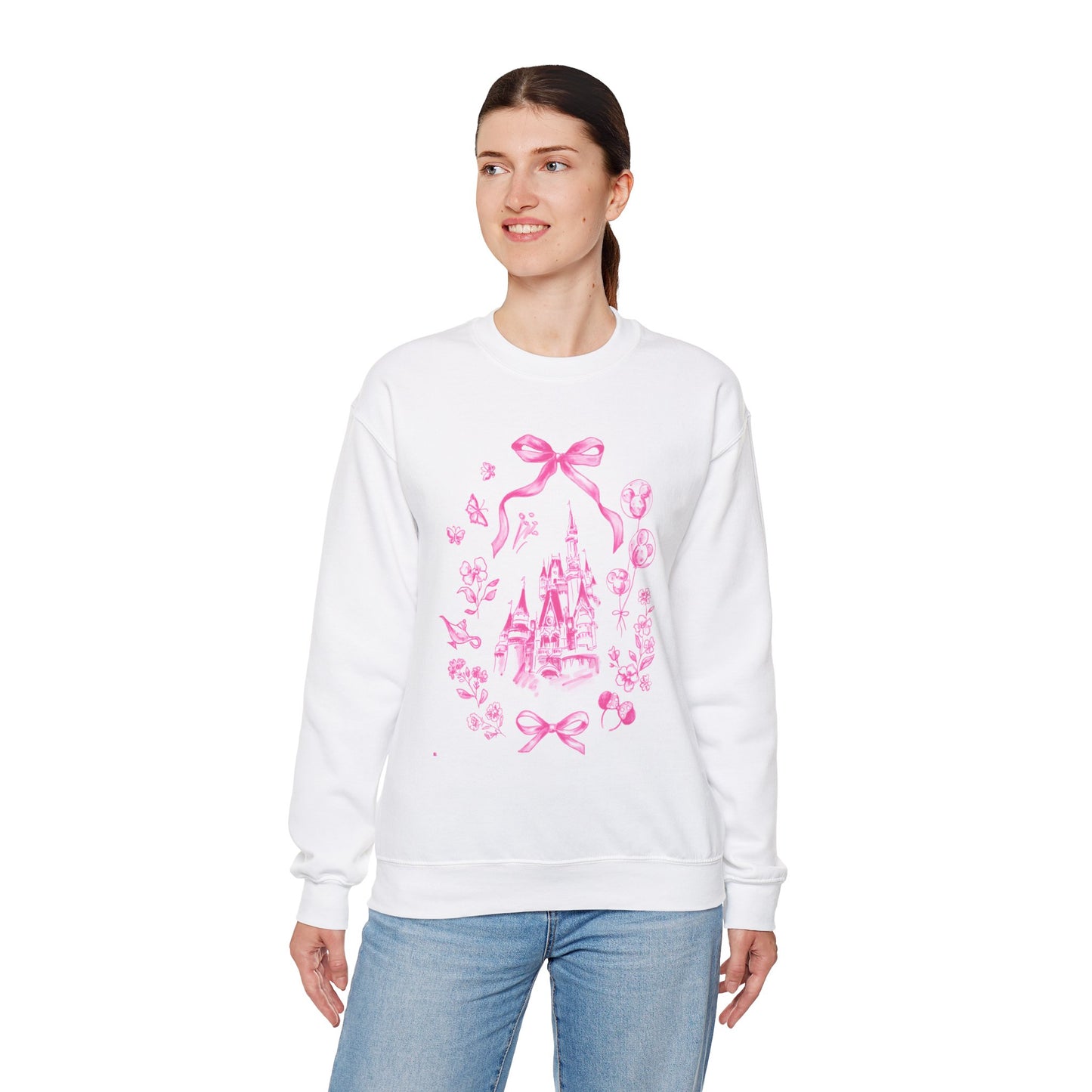 Pink Whimsical Castle Design Crewneck Sweatshirt