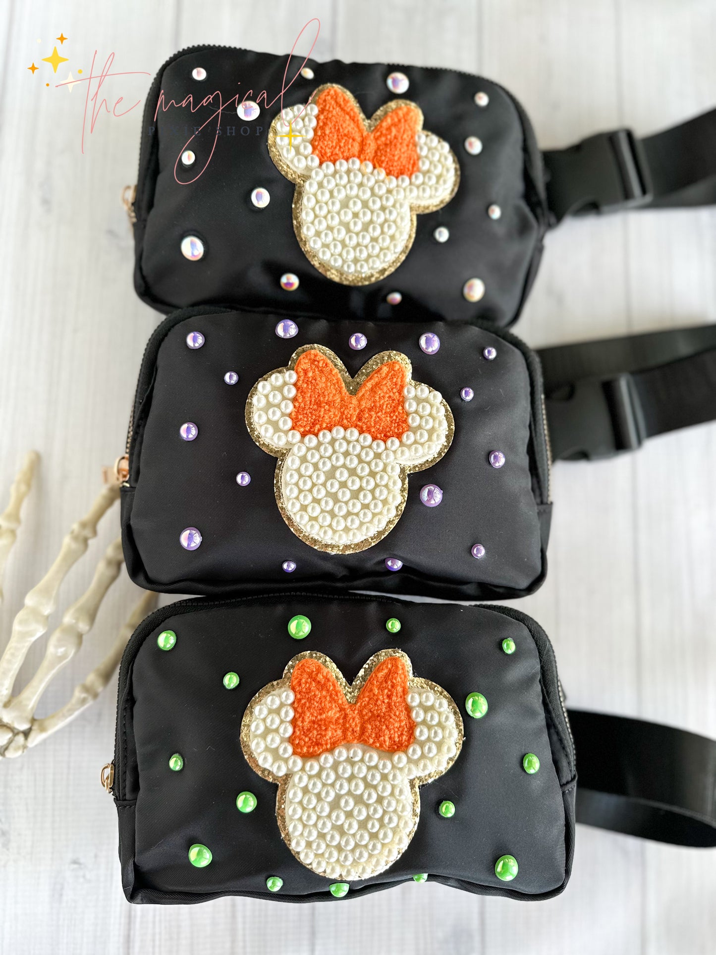 Black Bag with Orange Minnie Patch Irdidescent Pearls