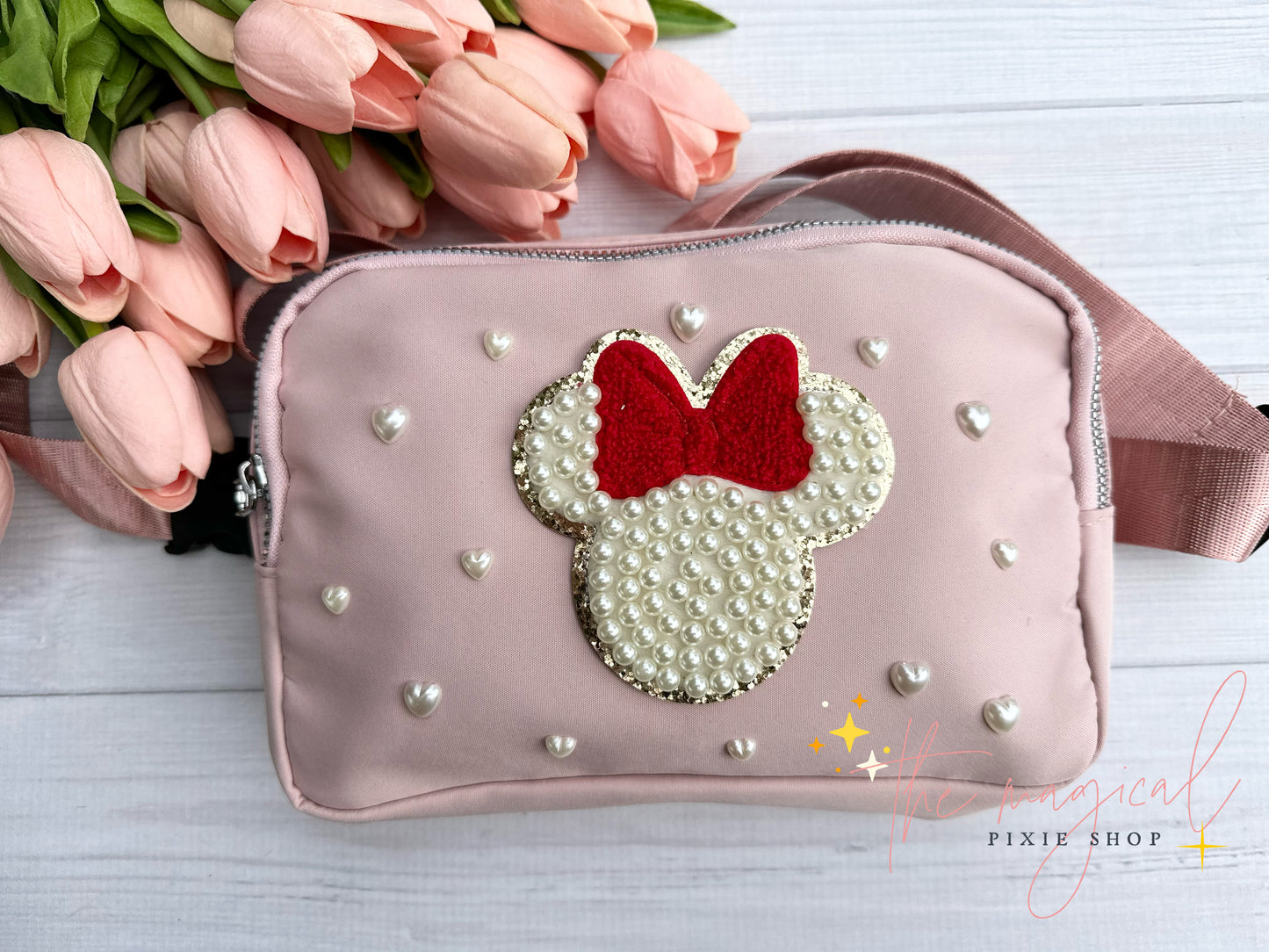 Soft Pink Bag with Red Minnie Patch and HEART pearls