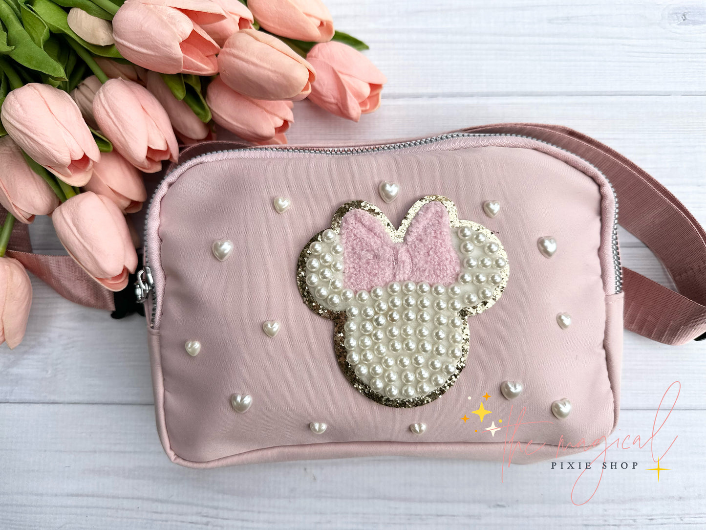 Soft Pink Bag with Pink Minnie Patch and HEART pearls