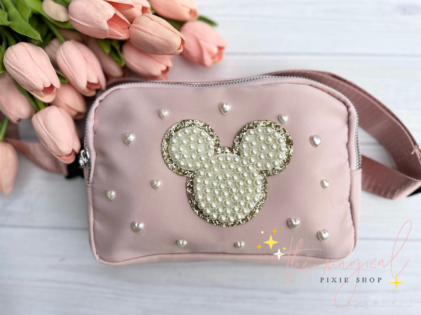 Soft Pink Bag with Mickey Patch and HEART pearls