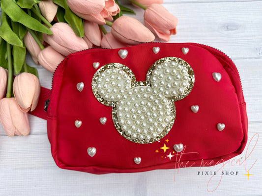 Red Bag with Mickey Patch and HEART pearls