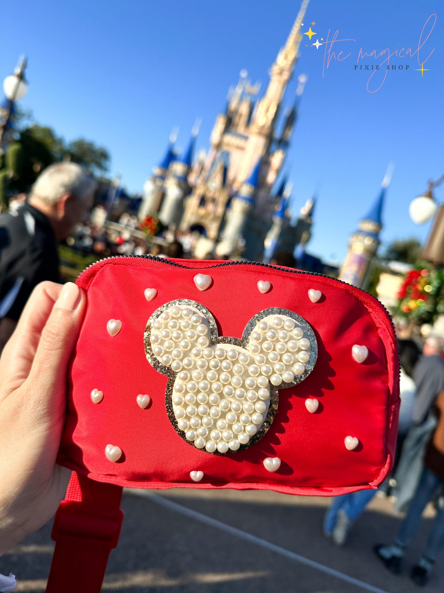 Red Bag with Mickey Patch and HEART pearls