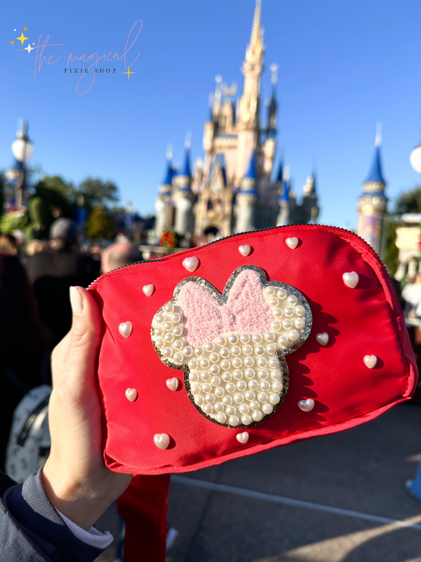 Red Bag with Pink Minnie Patch and HEART pearls