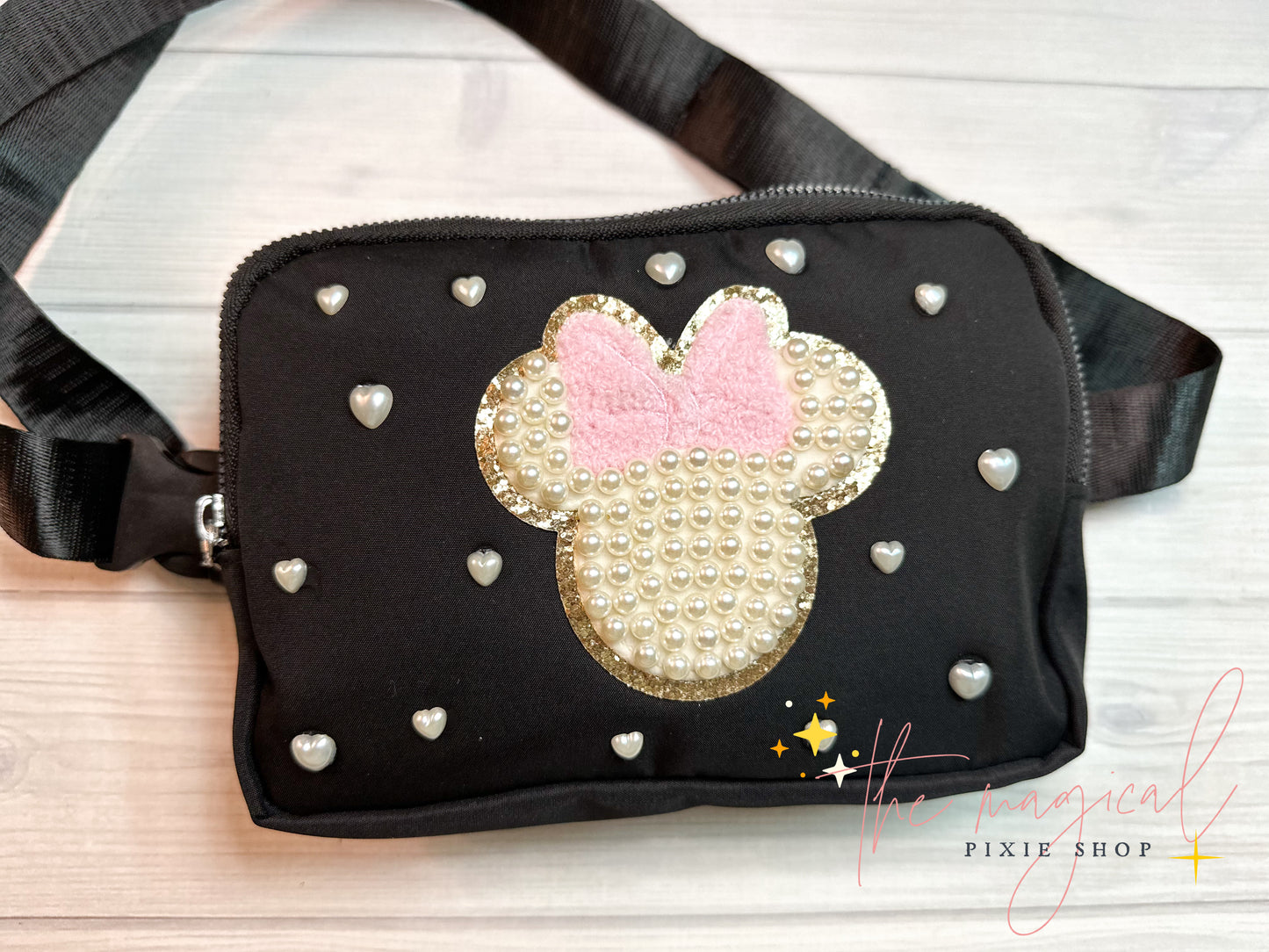 Black Bag with Pink Minnie Patch and HEART pearls