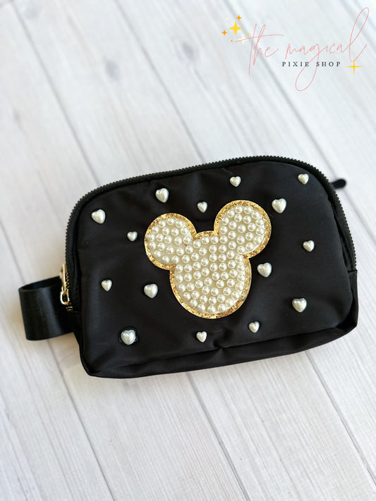 Black Bag with Mickey Patch and HEART pearls